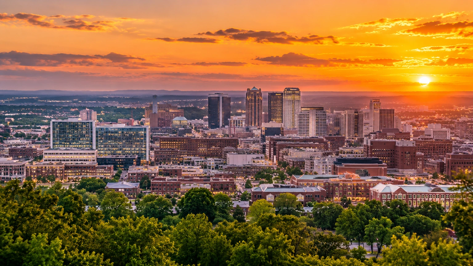 Birmingham skyline at golden hour in Alabama