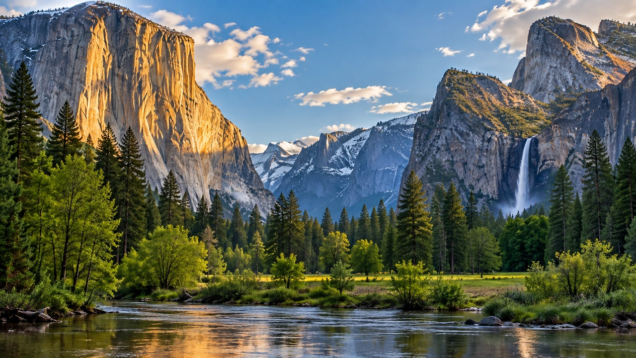 Yosemite Valley with granite cliffs and waterfall in California