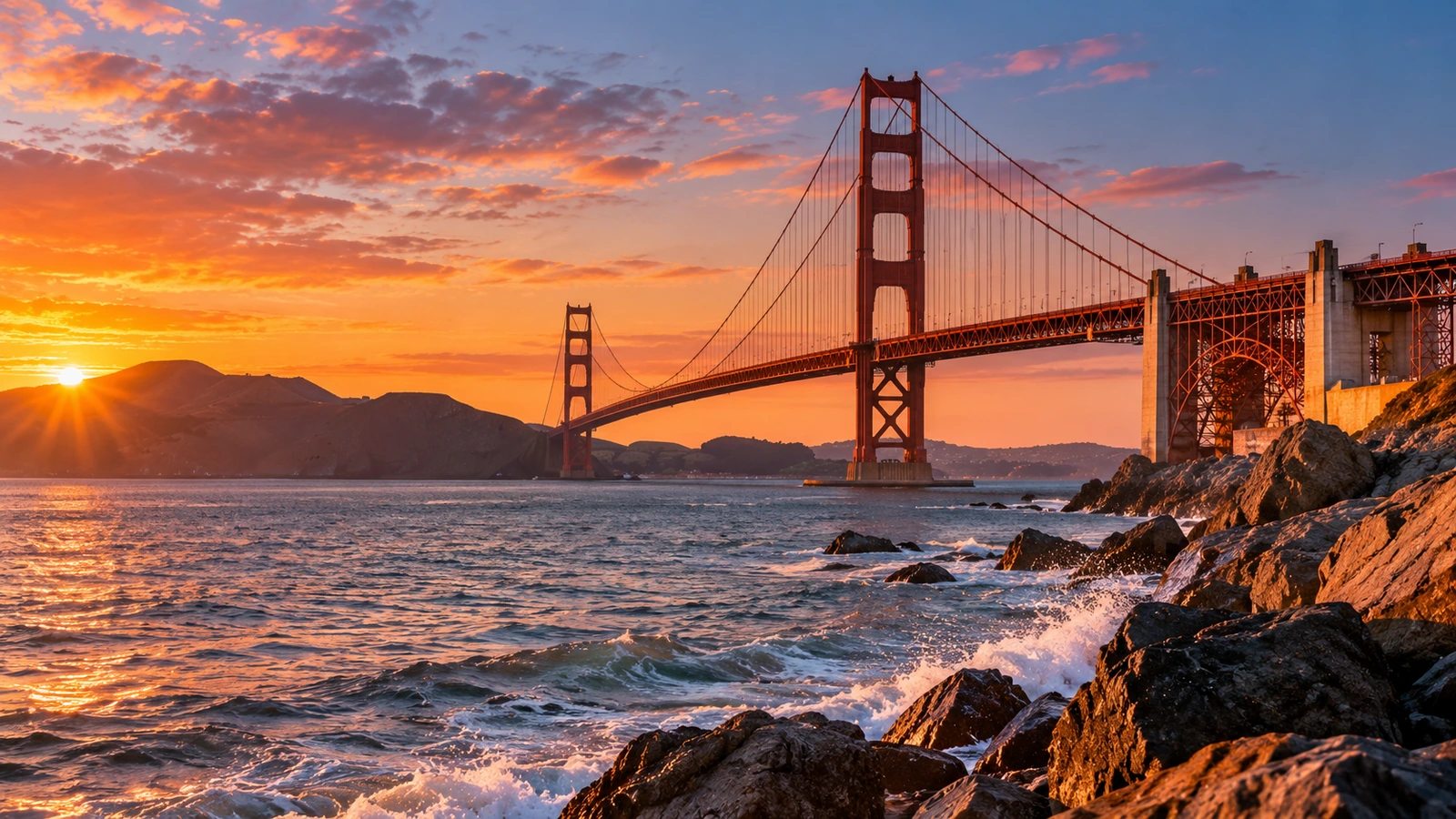 Golden Gate Bridge on the California coast at sunset