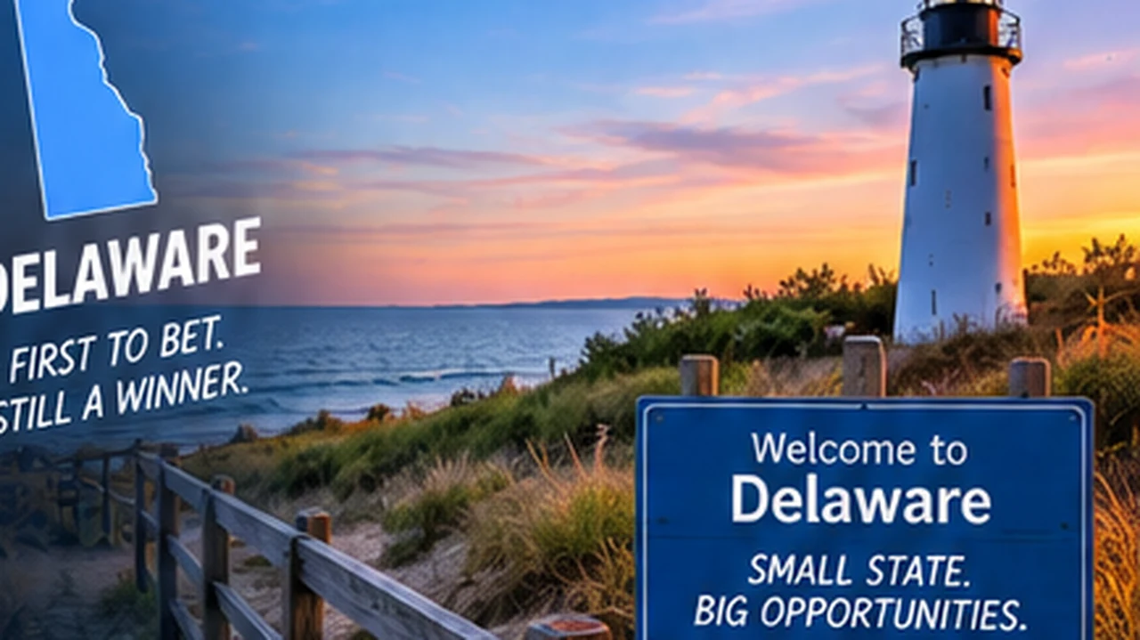 Delaware lighthouse and state graphic illustrating the state's lottery-run sports betting market
