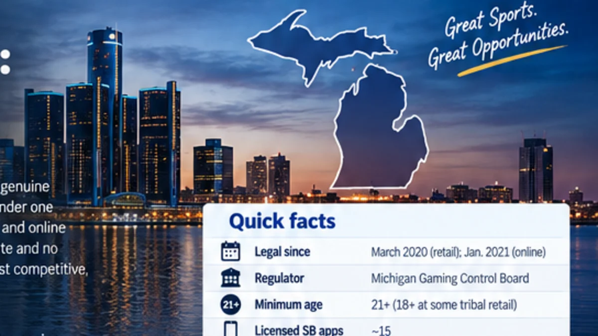 Detroit skyline and Michigan graphic representing the state's legal sports betting market