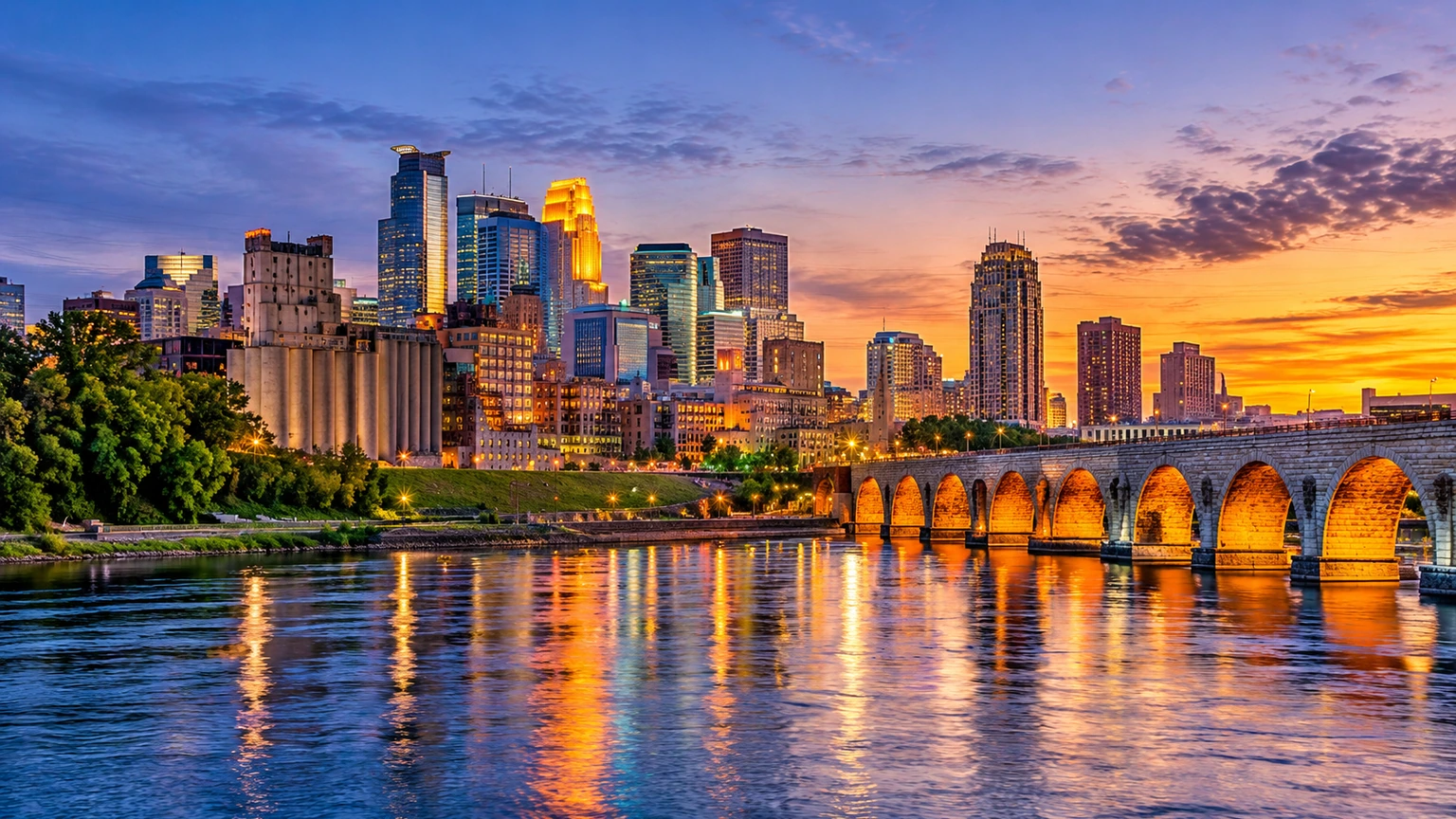 Minneapolis skyline and Mississippi River at twilight