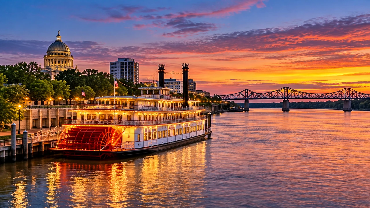 Mississippi riverfront with the State Capitol skyline at twilight
