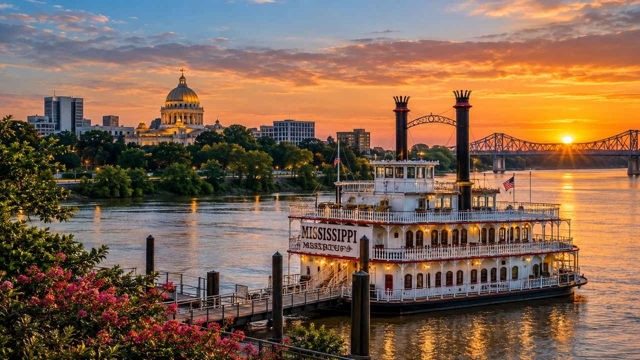 Mississippi riverfront, paddlewheel boat, bridge and skyline at sunset