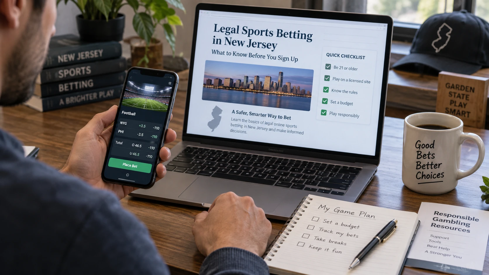 New Jersey sports betting workspace with laptop, smartphone, checklist and responsible gambling materials