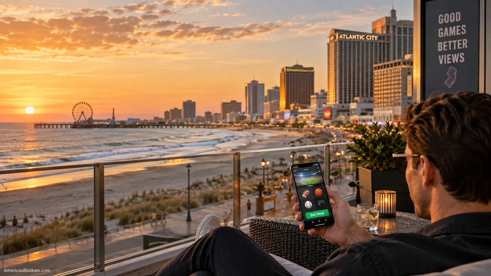Atlantic City beachfront skyline at sunset representing New Jersey's retail and online sportsbook market