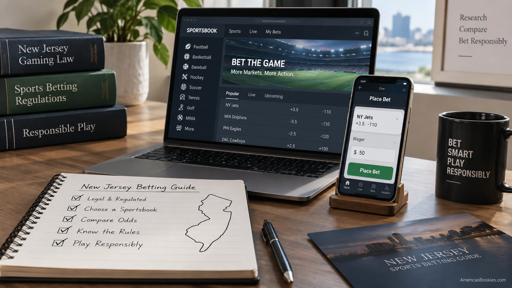 New Jersey sports betting research workspace with laptop, phone, betting notes and responsible play materials