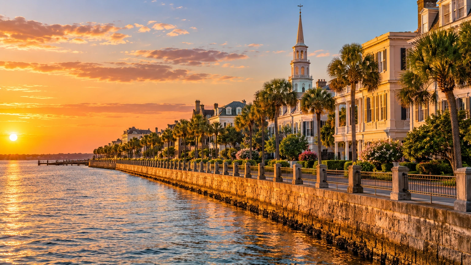 Charleston waterfront at golden hour in South Carolina