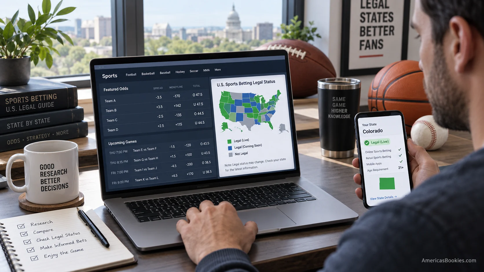 Research desk showing U.S. sports betting legal status and state-by-state sportsbook information