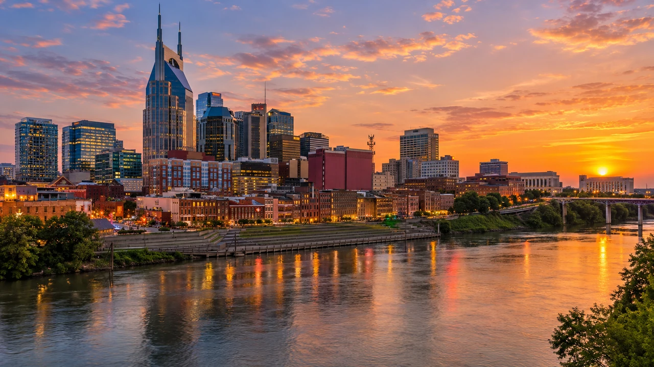 Nashville skyline along the Cumberland River at dusk