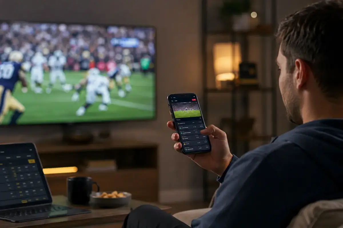A bettor reviewing sportsbook information on a phone while watching sports at home