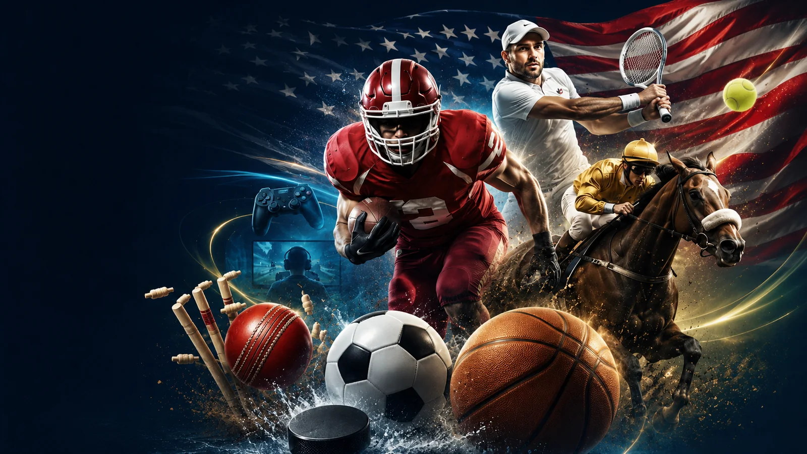 Layered American sports montage with football, basketball, soccer, tennis, horse racing, hockey, cricket, esports, and a waving U.S. flag