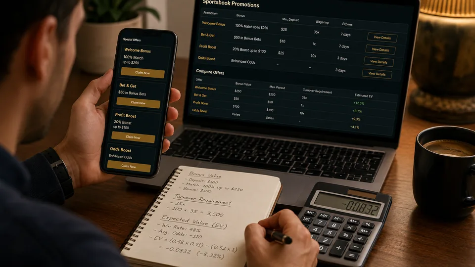 Bettor comparing sportsbook promotions and offer terms on a laptop and phone
