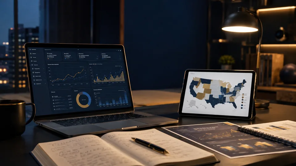 Sports betting market research with a U.S. map and analytics screens