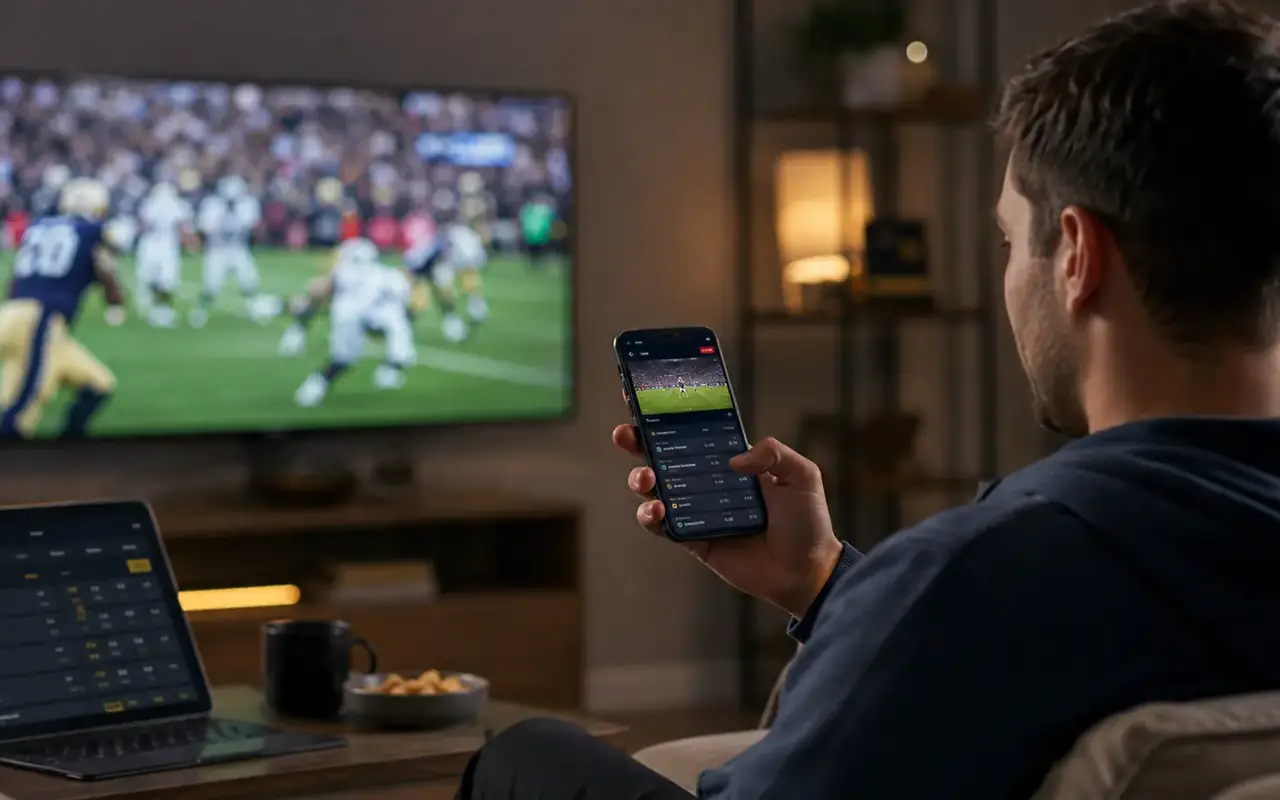 Sportsbook interface in use while following a sporting event