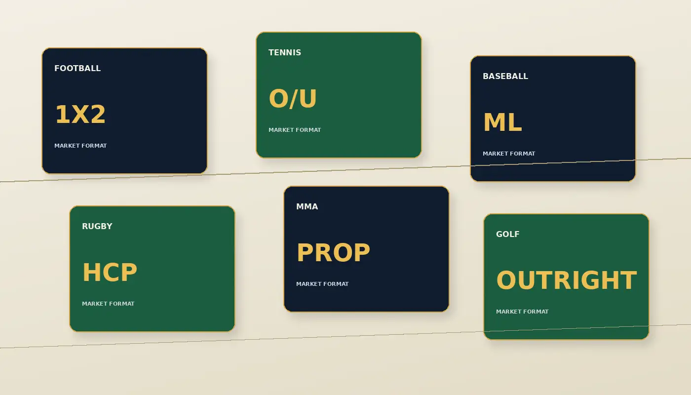 Editorial market board showing 1X2, totals, moneyline, handicap, prop, and outright formats