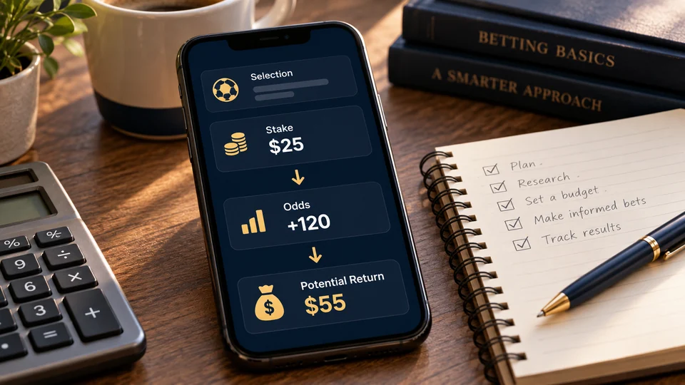 Sports betting slip showing a selection, 25 dollar stake, plus 120 odds and 55 dollar potential return beside a betting notebook